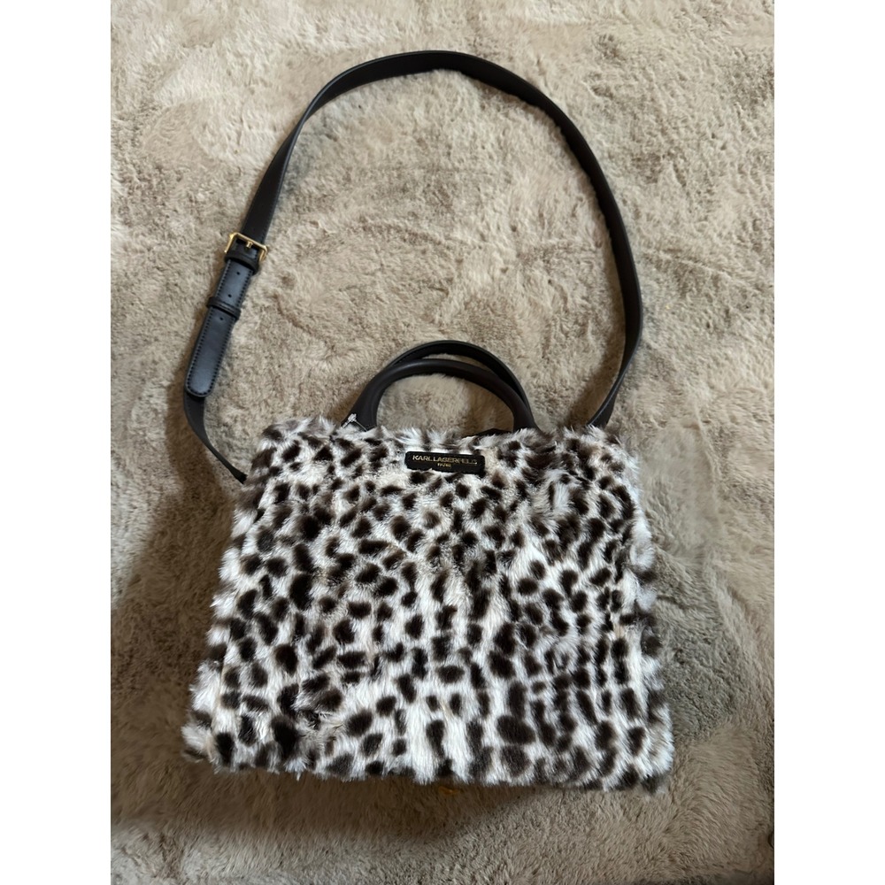 Karl Lagerfeld Paris Snow Leopard Print Faux Fur Crossbody Bag Brown Satchel
